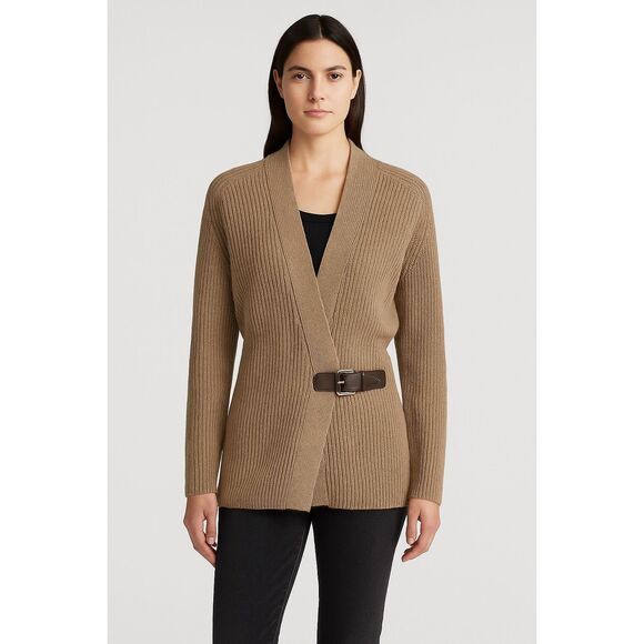 Lauren Ralph Lauren Wm’s XL Brown Heather Knit Wrap Cardigan Sweater Buckle Clos - Picture 1 of 7